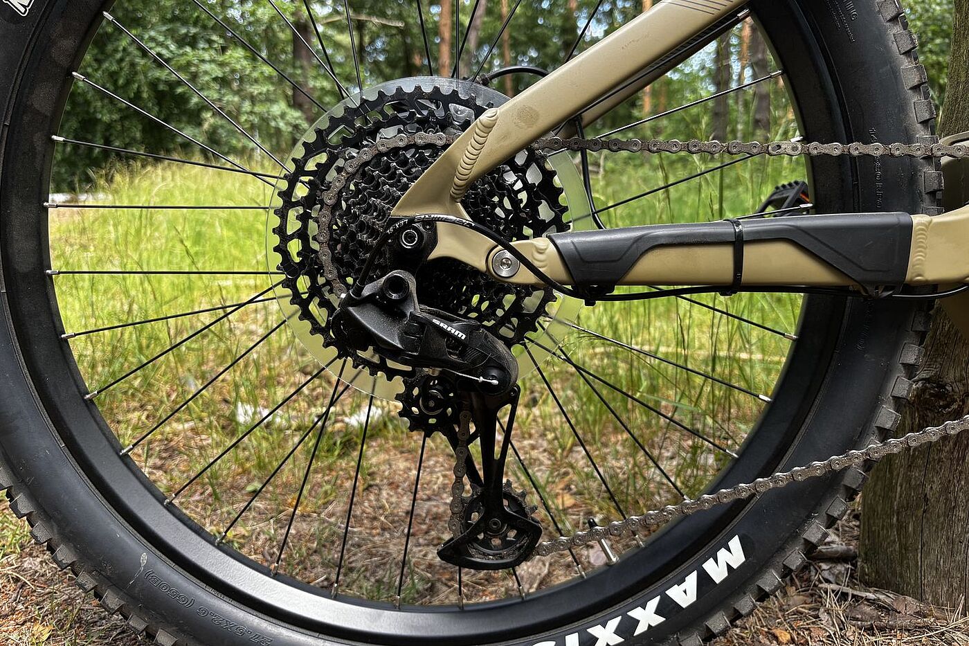 Hinterer Teil eines MTB mit Schaltung, Motor und Hinterrad. 